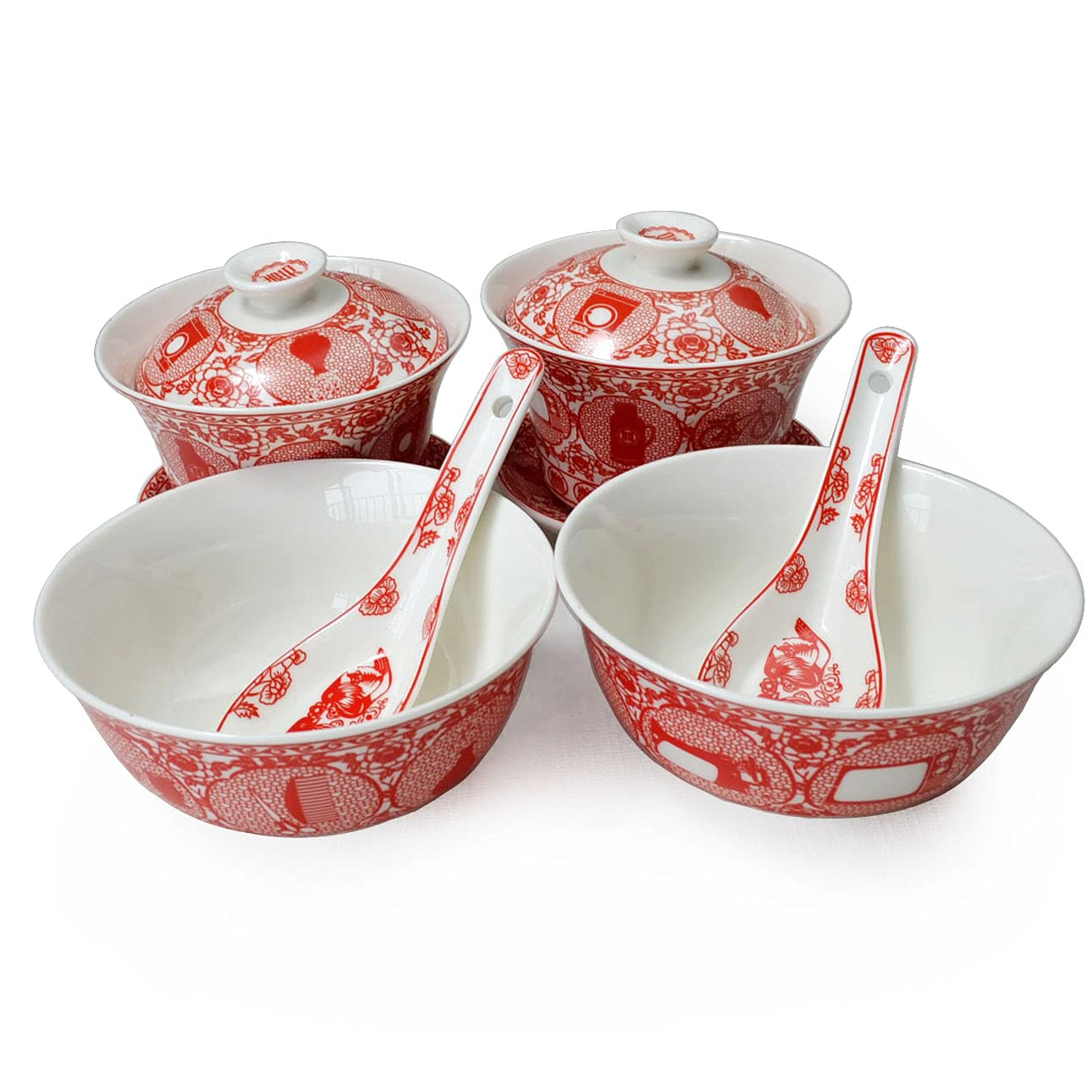 Liang baobao Porcelain Tableware Gift 6/Set Gaiwan Bowl Spoon Chinese Wedding Hollow Paper Cut Pattern Tea Set for Adults Men Women Couple Wedding Party (Retro paper-cut)