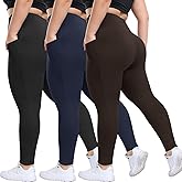 HLTPRO 3 Pack Plus Size Leggings with Pockets for Women - Black High Waisted Tummy Control Soft Yoga Pants for Gym Workout