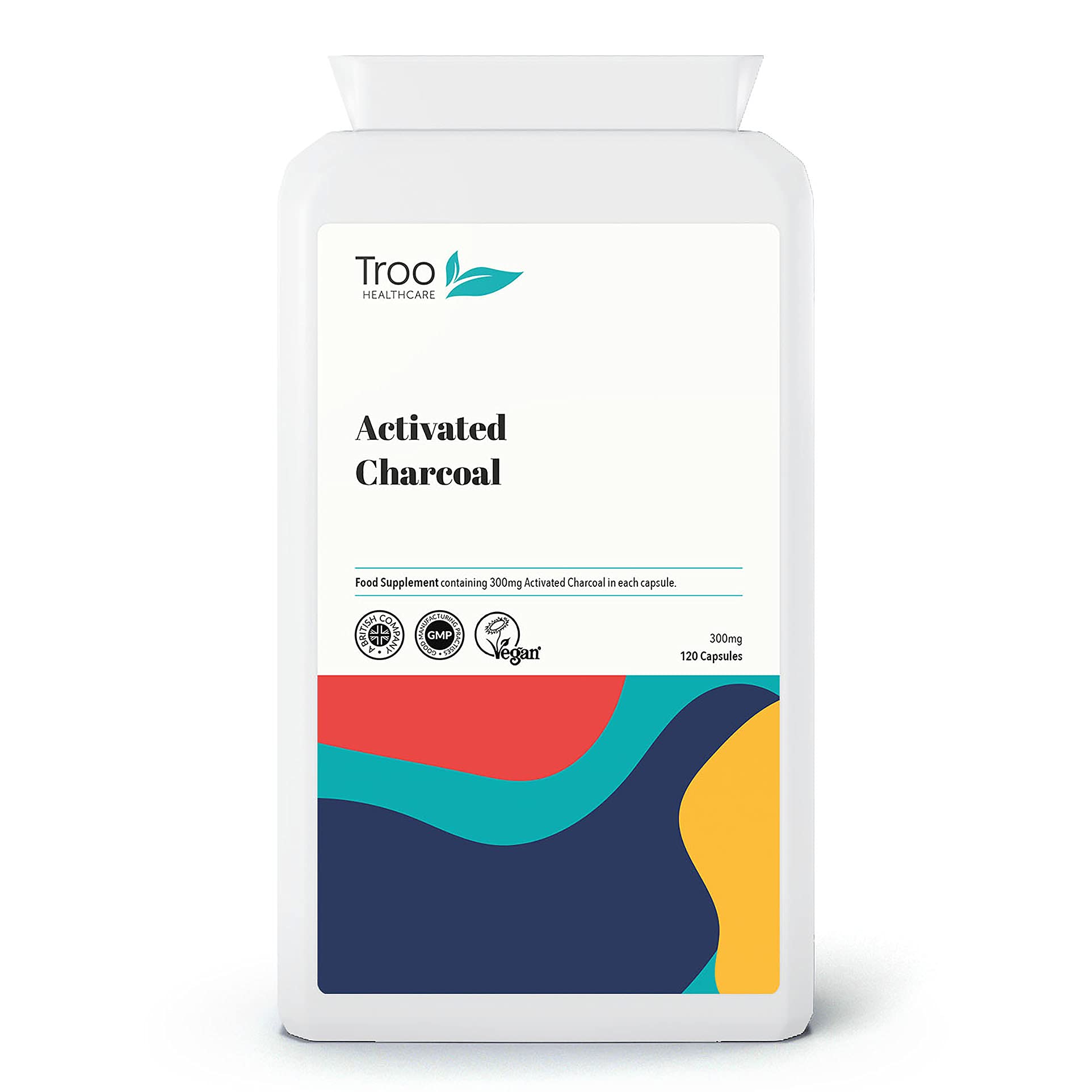 Troo Health Care Activated Charcoal Supplement (300mg) - 120 Capsules | Steam Activated from Coconut | Contributes to Reducing Excessive Flatulence | UK Manufactured to GMP Standards