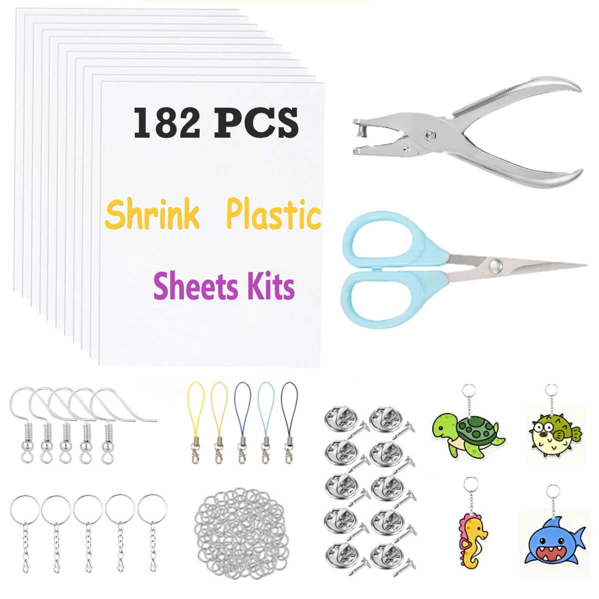 Photo 1 of 182 Pcs Shrink Plastic Sheets Kits, Shrink Dink Sheets for Keychain, Jewelry, Charms, Earrings and DIY Crafts, Shrink Paper Sheets for Family, Campus DIY and Creative Activities, with DIY Accessories