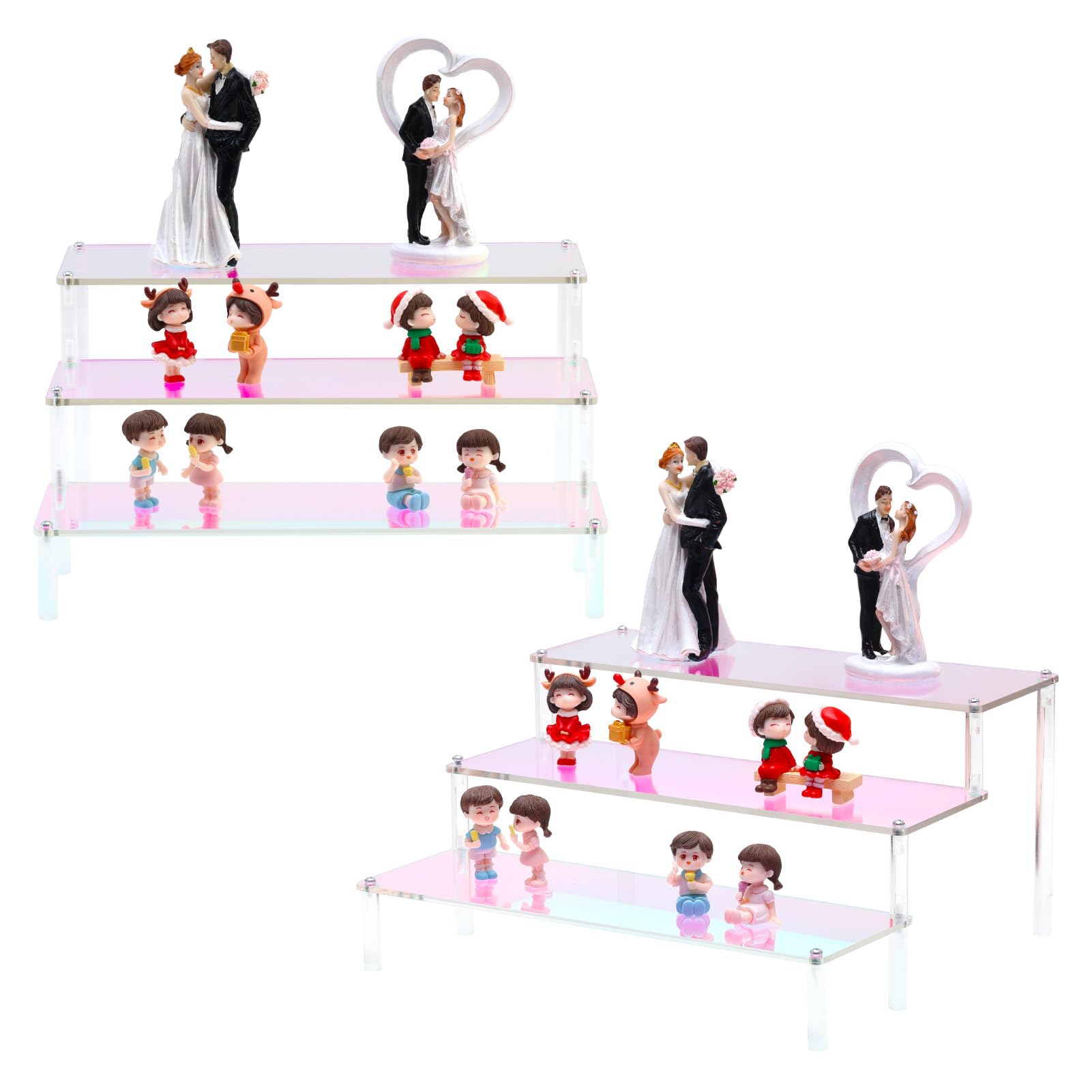 MESISEPHELE Acrylic Risers Display Stands, 2 Packs 3 Tier Rainbow Display Shelf for Cupcake Stand Perfume Organizer Anime Figures Collectibles Iridescent Display for Jewelry and Cosmetic
