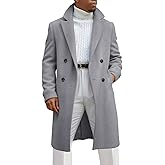 Runcati Mens Trench Coat Notched Lapel Double Breasted Mid Long Pea Coat Casual Fall Winter Classic Overcoat