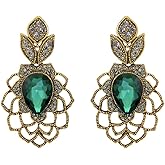LARGE Art Deco Antique Vintage Retro Victorian Style Dark Hunter Forest Green Emerald Rhinestone Bridal Bridesmaid Wedding Drag Queen Prom Statement Dangle Earrings