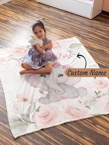 Personalized Baby Blankets for Girls, Rose Elephant Baby Blanket