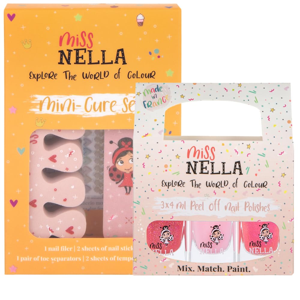 Miss Nella NAIL KIT & Pink Glitter Attack- Nail accessories for kids- 3 peel off nail polish, nail stickers, tattoos, nail filer & toe separators- all designed foe children hands & toes