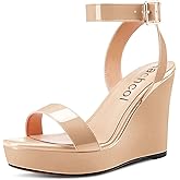 Aachcol Women Platform Wedge Sandals Round Peep Open Toe Ankle Strap Slingback Two-Piece Chunky Block High Heel Dress Shoes Pumps Party Patent 4 Inch