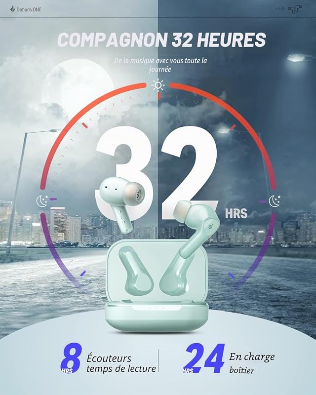 Casque Bluetooth, Écouteur Sport Réduction de Bruit Multimode, Graves Musclés, 4 Micros, 32H Autonomie, Charge sans Fil, APP Son Personnalisé, Mode Gaming, Vert