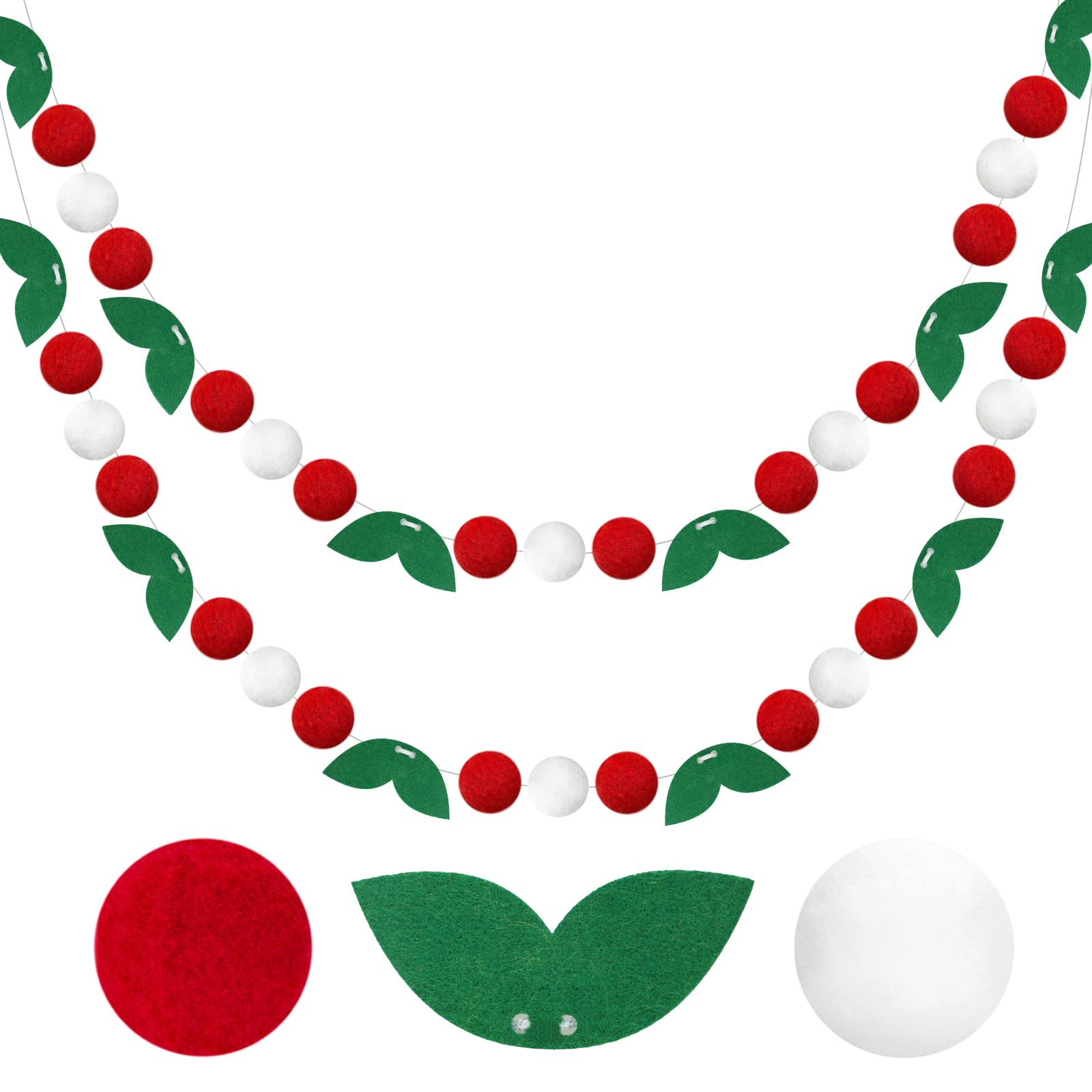 G2PLUS 3 Pack Pre-strung Pom Pom Garland: 2.5M Handmade Felt Bunting with 36 Balls and Leaves, Hanging Decoration for Christmas Party Nursery Room