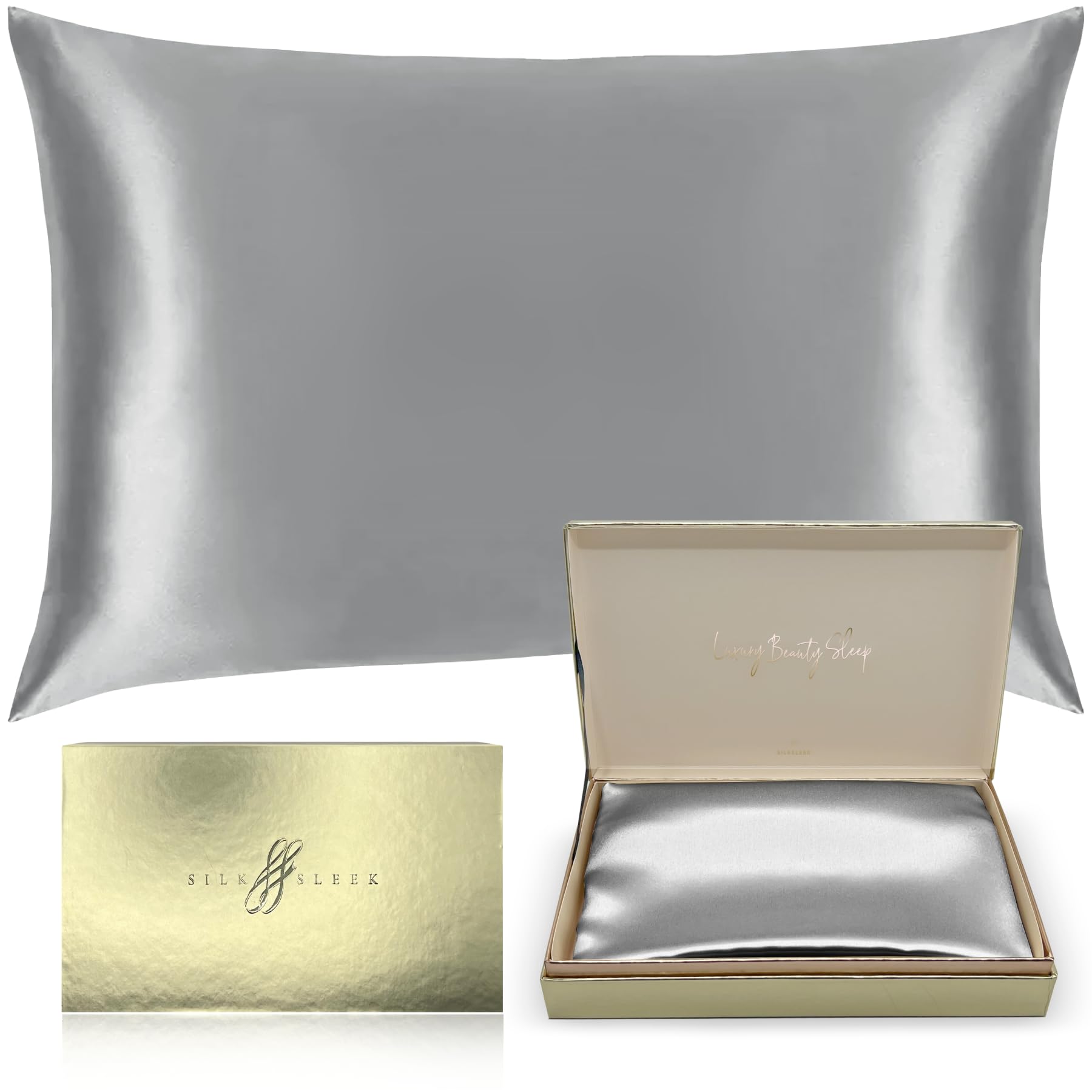 SILKSLEEK 100% Mulberry Silk Pillowcase for Hair and Skin, 22 Momme Silk Bedding, Hypoallergenic Natural Silk Pillowcase, Hidden Zipper Closure, 1 Pc Gift Box (Silver, 50x75cm)