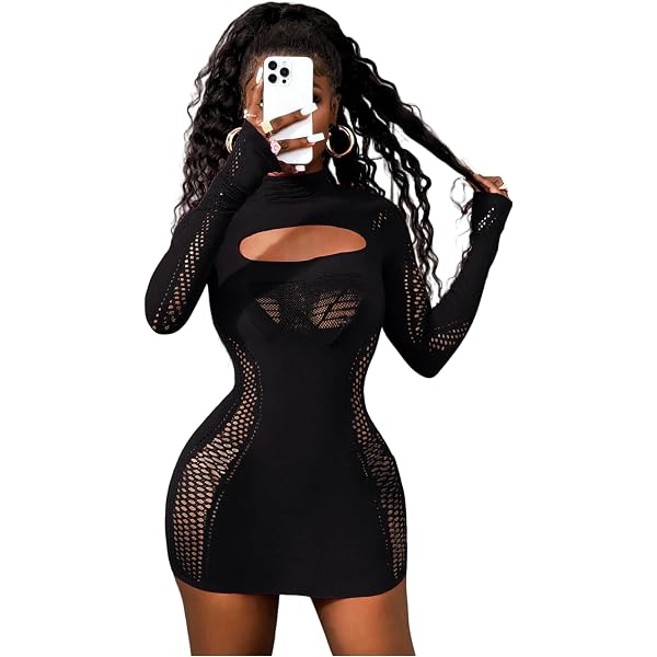 cut out fishnet bodycon dress Black & Nude Mesh Detail Cut Out Bodycon Dress main image 1