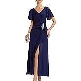 Ever-Pretty Women's V-Neck Pleated Short Sleeves Rhinestone High Slit Maxi Formal Evening Dresses 02323
