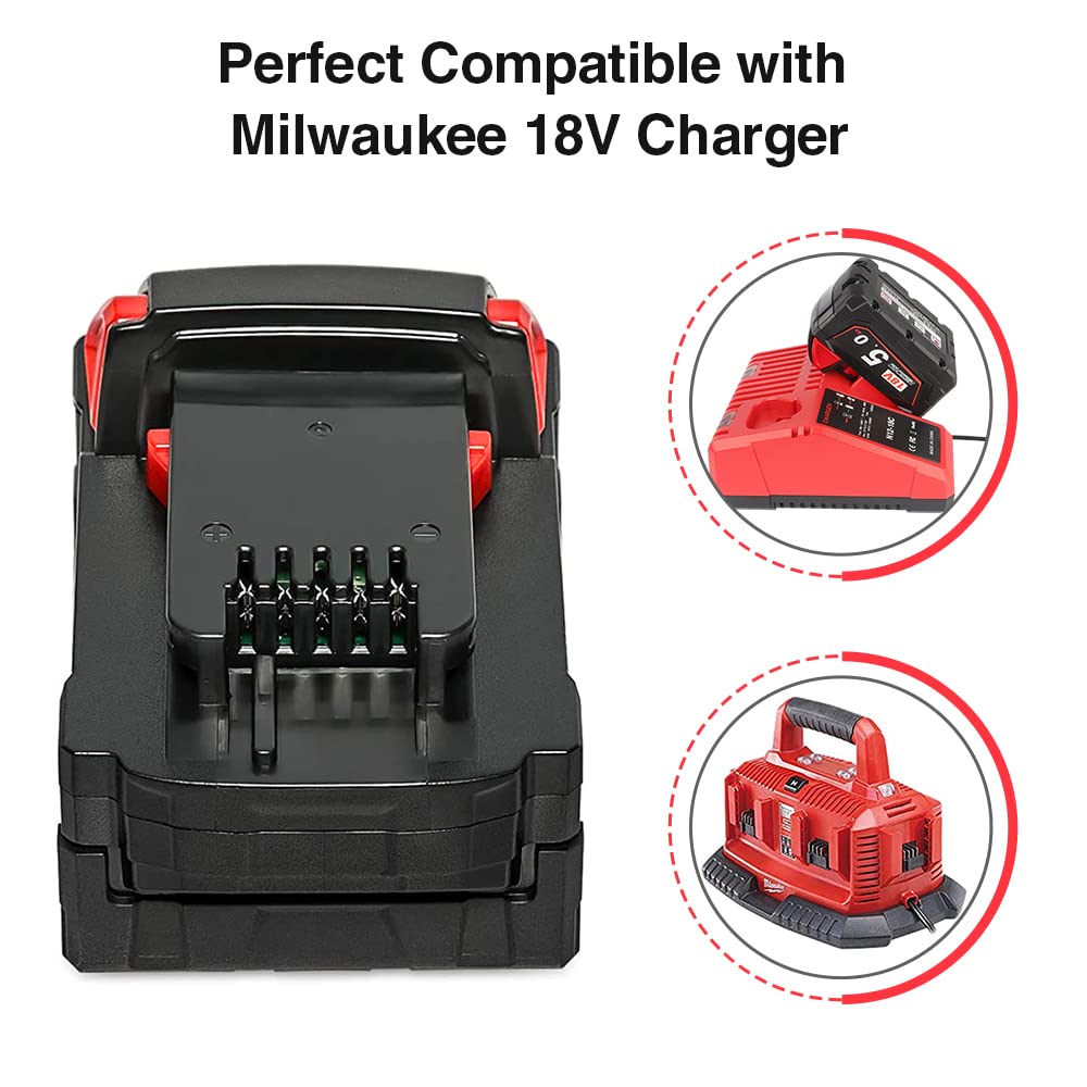 2X Powarobor M18B5 18V 5,0Ah Ersatzakku Kompatibel mit Milwaukee M18 18Volt Akku 48-11-1860 6