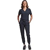 Green Town Scrubs for Women Scrub Set - Jogger Pant and Tuck-In V-Neck Top, 5 Pockets, Yoga Waistband, Nursing Uniform-Pewter-Medium