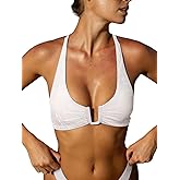 BERLOOK Womens U-Ring Bikini Top Criss-Cross Backless Tie Ruched Push Up Padded Swimsuit Top