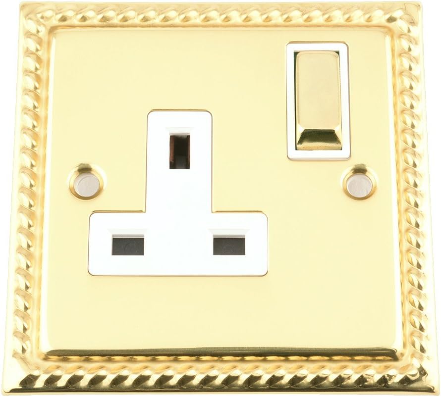 Single Plug Socket 1 Gang 13 Amp - Georgian - Polished Brass - White - Metal Rocker Switch, White,gold,black