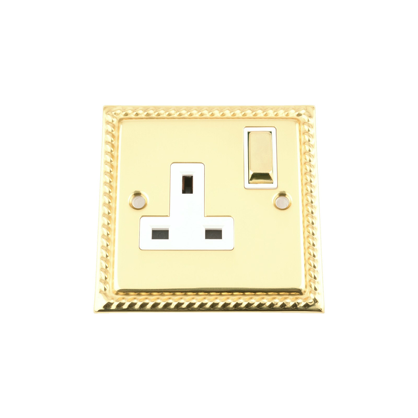 Single Plug Socket 1 Gang 13 Amp - Georgian - Polished Brass - White - Metal Rocker Switch