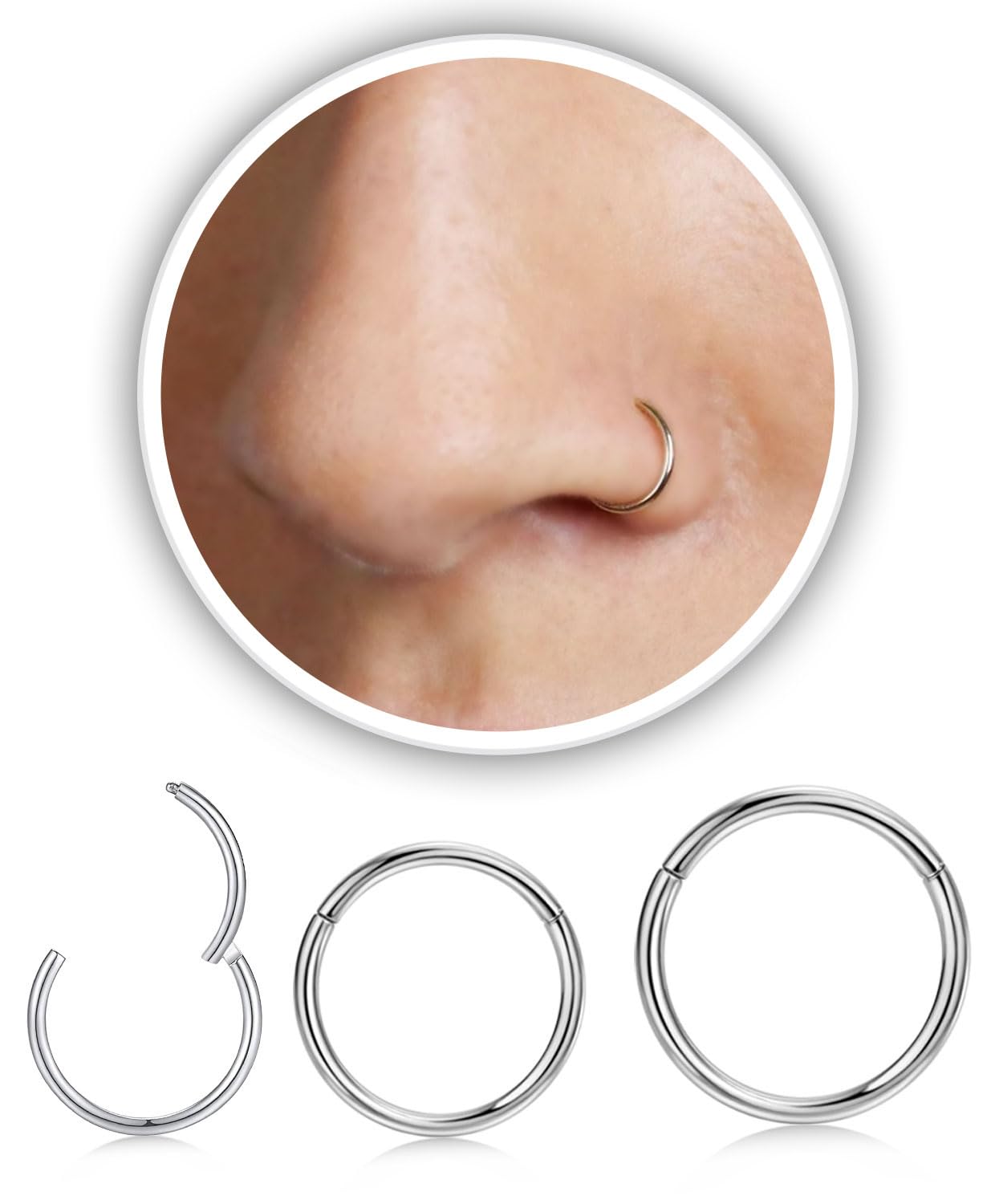 Photo 1 of 3Pcs 20G Silver Nose Rings Hoop for Women Men,Hypoallergenic 316l Surgical Steel Hinged Clicker Segment Nose Rings Hoop Helix Cartilage Daith Tragus Sleeper Earrings Real Body Piercing Jewelry Diameter 6mm 8mm 10mm