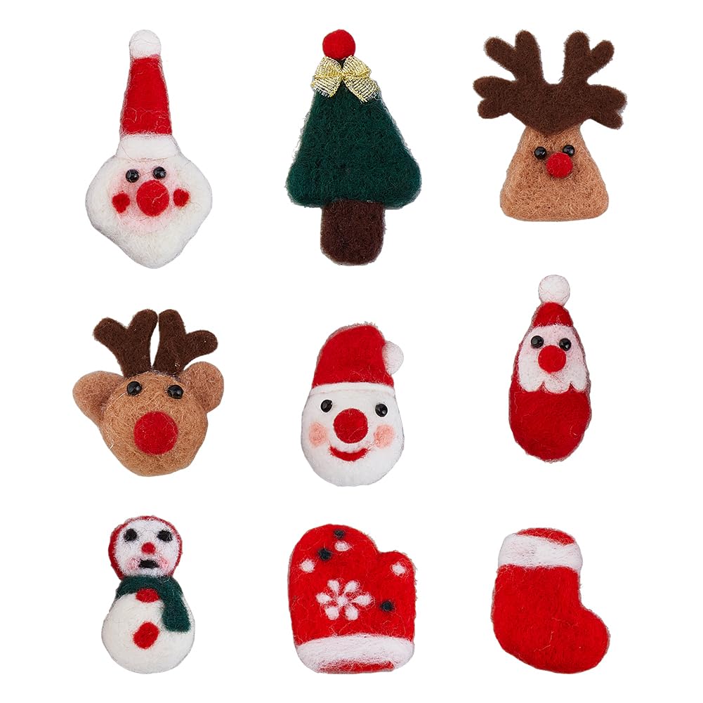 SUPERFINDINGS 9Pcs 9 Styles Wool Felt Christmas Decorations Set Felting Snowman for Wool Garland Christmas Tree Reindeer Snowman Felt Applique Christmas Felting Kits