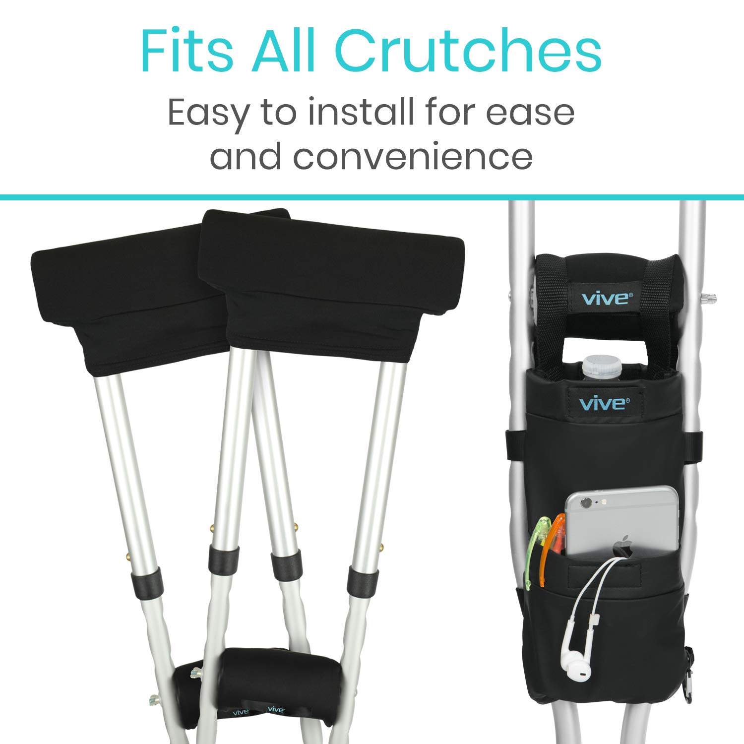 Vive Crutch Pads, Bag, & Hand Grips (5 PCS) - Crutches for Adults Armpit Padding, Hand Grips, Accessories Pouch - Soft Tips Medical Padded Handles for Kids, Men, Women - Lightweight