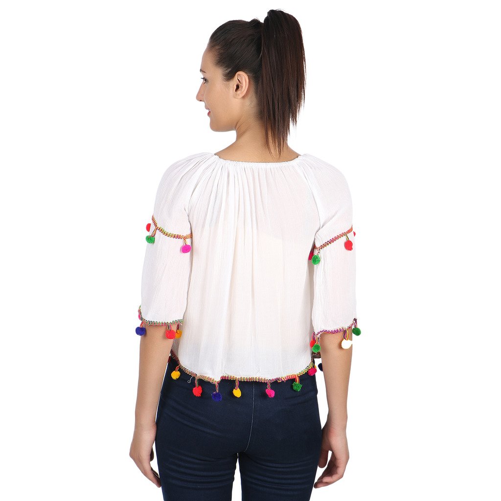 papsara white rayon pom pom top