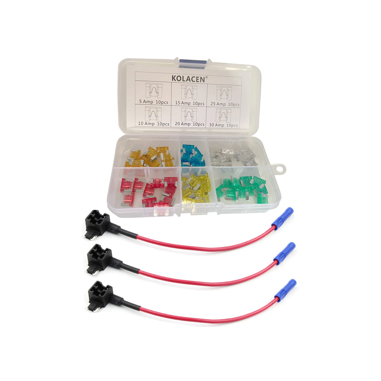 KOLACEN Automotive Car Truck Low-profile Mini Blade Type Fuse Assorted Kit 60 Pieces + 3 Pieces 16 Gauge Add-a-circuit Low Profile Mini Fuse TAP Adapter — image 1