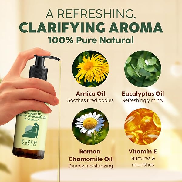 KUKKA SORE MUSCLE MASSAGE OIL FOR MASSAGE THERAPY – 6.76 FL OZ – 100% PURE NATURAL, EUCALYPTUS & ROMAN CHAMOMILE, RELAXING BODY & FACE OIL FOR SORE MUSCLES, SPA & YOGA, LIGHT WEIGHT