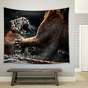 Tiger Attack to Other Tiger - Fabric Wall Tapestry Home Decor - 51x60 inches