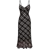 SHENHE Women's Mesh Spaghetti Strap Long Plaid Dress V Neck Vintage Flared Cami Dress