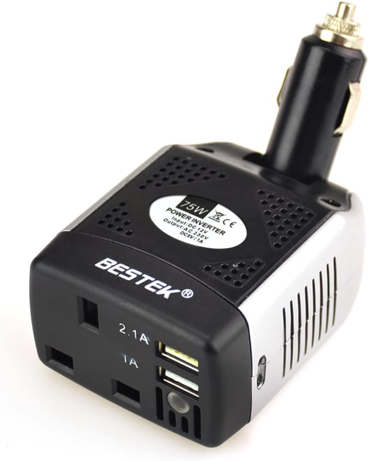 BESTEK 75W Car Charger Power Inverter DC 12V to AC 230V 240V Voltage Converter Transformer with UK Outlet Socket and Dual USB Ports Auto Adapter Plug for Phone Tablet Laptop