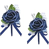 Marriwise 2pcs Dark Blue Boutonniere for Men, Artificial Foam Rose Flowers Wedding Groom Groomsmen Boutonniere for Wedding/Anniversary/Prom/Rustic Wedding/Homecoming (Dark Navy Blue)