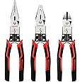 MAXPOWER 3Pcs Pliers Set, 5 in 1 Multifunctional Wire Stripper Crimper Cutter, Long Nose Pliers, Diagonal Side Cutting Pliers, Linesman Pliers 8 inch