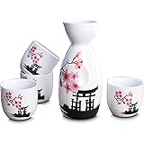 CoreLife Sake Set, 5-Piece Traditional Handmade Ceramic Japanese Sake Set with 1 Sake Serving Bottle and 4 Sake Cups (Cherry Blossom Design)