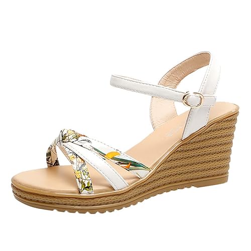 friendGG Mode Damen Keilplattform Mit Einer Schnalle Mit Floralen Zehen Absatzsandalen,Im Freien, Jeden Tag, Party, Strand, A