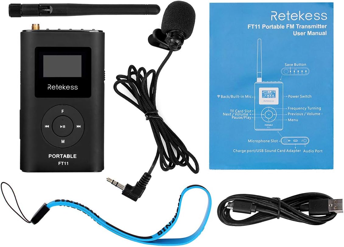 Retekess FT11 0.3W Portable FM Transmitter,Mini Radio Stereo Station,Support TF Card and AUX Input,2000mAh Rechargeable FM Broadcast Transmitter for Drive-in Church School Tour Guide Home Outdoor: Musical Instruments