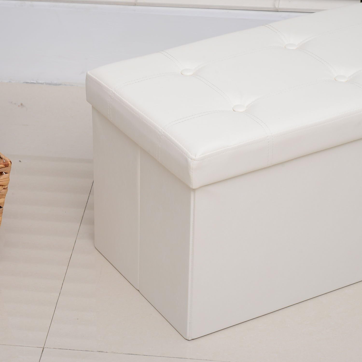 HOMCOM Folding Faux Leather Storage Cube Ottoman Bench Seat PU Rectangular Footrest Stool Box (Cream White) - Image 5