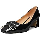 Joseywade Block Chunky Heels for Women Closed Square Toe Low Heel Pump Slip On 2 Inches Comfortable Shoes for Party Prom Dress with Bow Patent Black US Size 9
