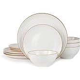 Famiware Jupiter Dinnerware Set, Plates and Bowls Dish Sets for 4 (12 Pieces), Microwave and Dishwasher Safe Stoneware Speckled Tableware, Chip and Scratch Resistant, White