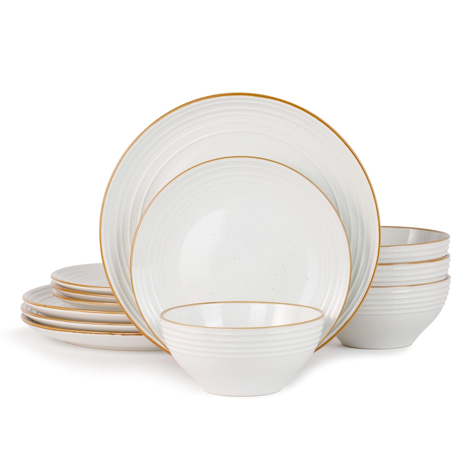 Photo 1 of Famiware Jupiter Dinnerware Set, Plates and Bowls Dish Sets for 4 (12 Pieces), Microwave and Dishwasher Safe Stoneware Speckled Tableware, Chip and Scratch Resistant, White