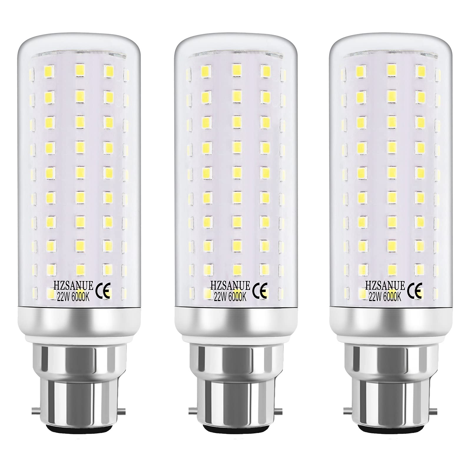 HZSANUE LED Corn Bulbs 22W, B22 Bayonet Cap LED Light Bulbs,6000K Daylight White, 2500Lm,180W Incandescent Bulbs Equivalent,No Dimmable,Pack of 3