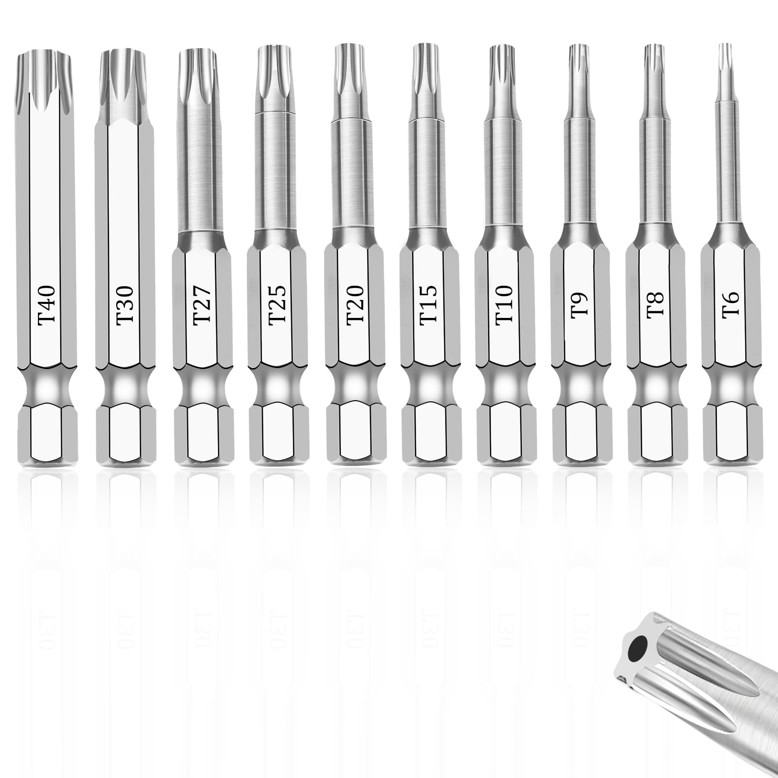 Photo 1 of 10 Piece Security Torx Bit Set (T6-T40), 1/4 Inch Hex Shank S2 Steel Magnetic Tamper Proof star screwdriver bit set 2" Long