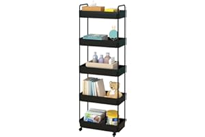 Kaitiemoo 5-Tier Storage Cart，Shelf Organizer Mobile Shelving ，Utility Rolling Cart，Multifunction Movable Storage Organizer with Lockable Wheels,Black
