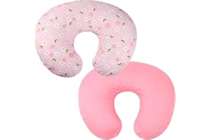 Onacosht Cotton Nursing Pillow Cover for Baby Girls, 2 Pack, Ultra Soft Snug Fits on Infant Breastfeeding Support Pillow, Solid Pink and Floral Printing
