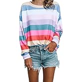 Women Long Sleeve Tops - Oversized Rainbow Striped Tunics Blouses T Shirt Pullover