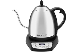 Bonavita 1L Digital Variable Temperature Gooseneck Electric Kettle for Coffee Brew and Tea Precise Pour Control, 6 Preset Temps, Café or Home Use, 1200 Watt, LED Panel, Stainless Steel