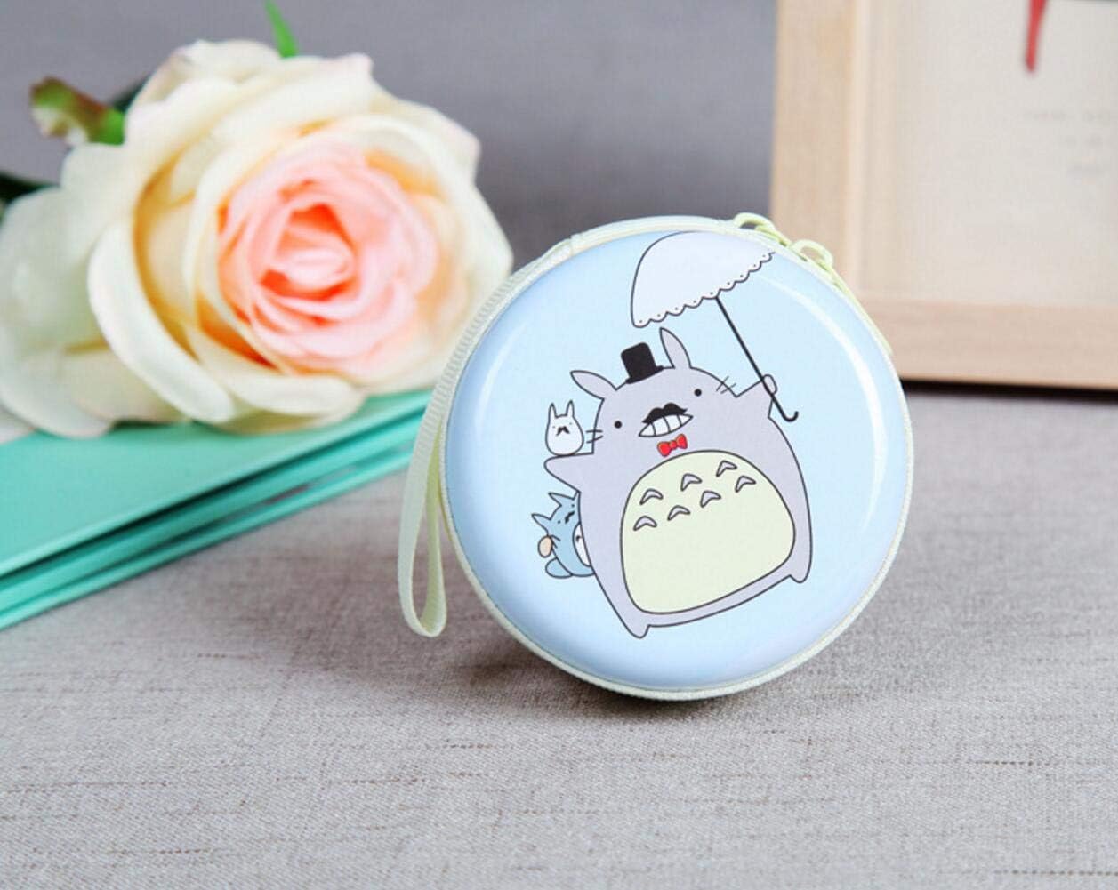 Thedmhom 1 Pcs Cute Kawaii Animal Cartoon Anime Mustache Cat Blue Waterproof Zipper Totoro Coin Purse Earphone Wire Data Wires Pouch Storage Bag Mini Round Box Wallet Adult Kids Birthday Novelty Gift