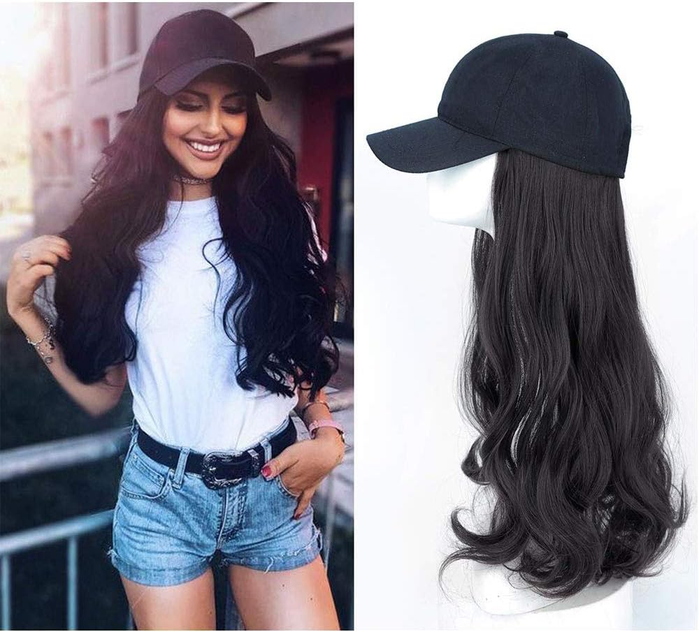 Guangao Baseball Hat with Hair Attached for Women Synthetic Hair Cap Classic Adjustable Plain Cap with hair Long Wavy Wig Hat for Girl Daily Party Use