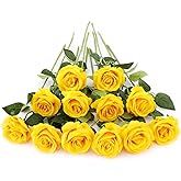 12 PCS Artificial Flowers Roses Silk Flowers Fake Long Stem Artificial Roses for Home Wedding Decorations (Yellow)