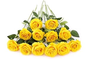 Laelfe 12 PCS Artificial Flowers Roses Silk Flowers Fake Long Stem Artificial Roses for Home Wedding Decorations (Yellow)