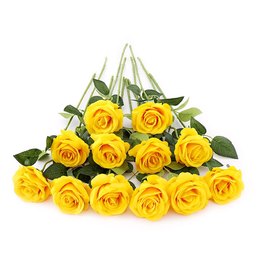 Photo 1 of 12 PCS Artificial Flowers Roses Silk Flowers Fake Long Stem Artificial Roses for Home Wedding Decorations (Yellow)