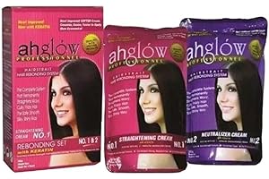 AHGLOW Hair Straightening and Rebonding System with KERATIN. Extra Strength Formula. The Complete System that Straightens Wavy, Curly, Frizzy Hair the Smooth, Silky, Shiny Way! 165 gram pouches